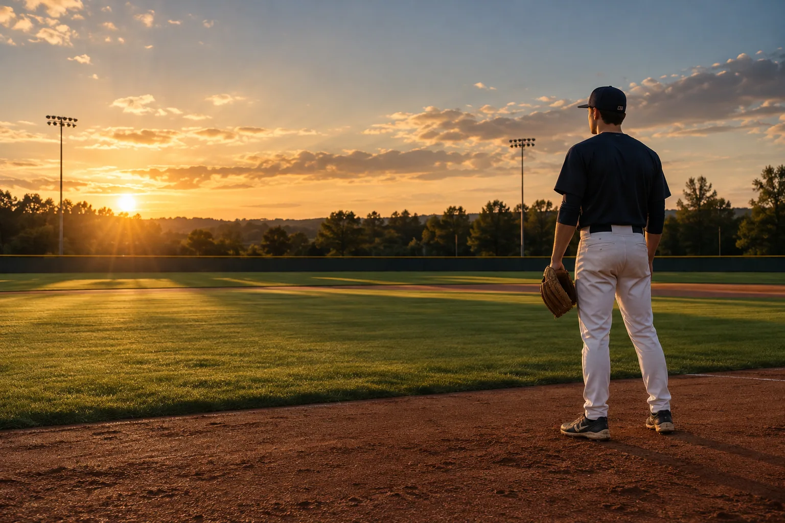 A baseball player looking across a diamond in the late afternoon sun